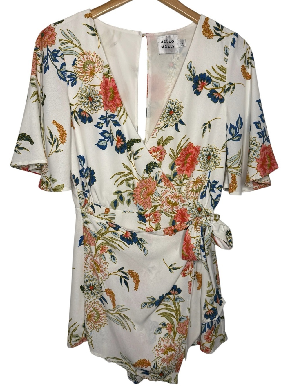 HELLO MOLLY White Floral Wrap Romper Playsuit Flutter Sleeve - Size Small